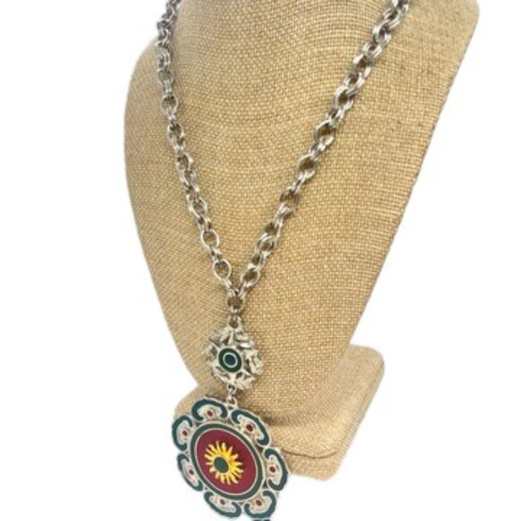 VINTAGE CAPRI STATEMENT NECKLACE SUN MEDALLION GREEK REVIVAL ENAMEL CHUNKY 70S - Picture 3 of 13